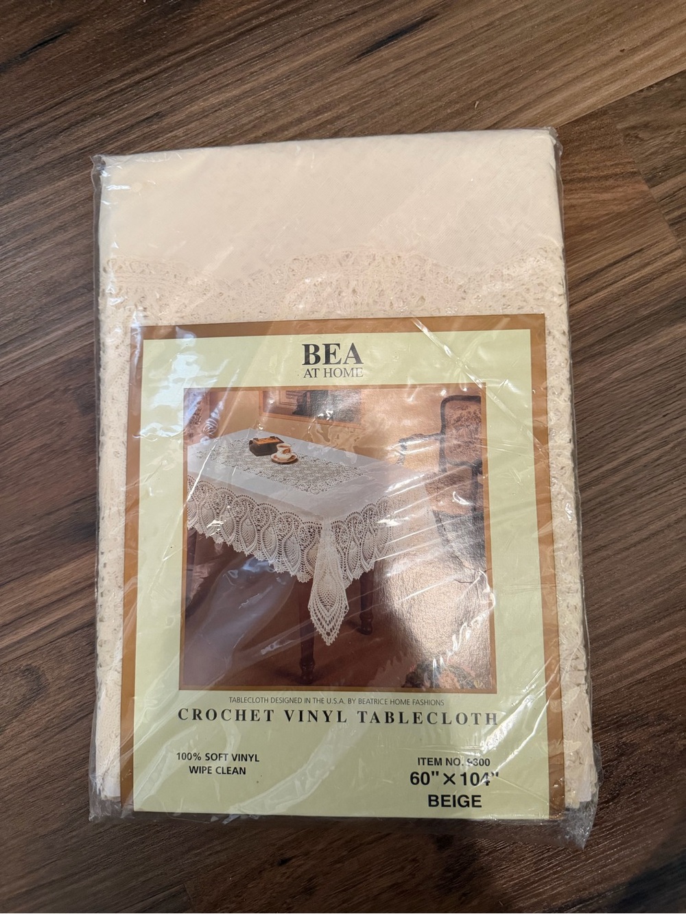 Beige Crochet Vinyl Tablecloth - Wipe-Clean Decorative Cover
